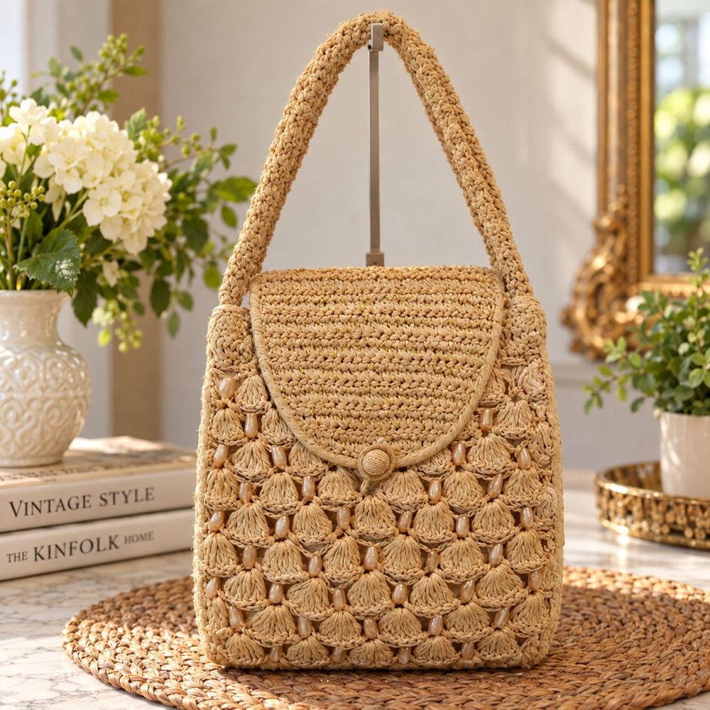 Vintage Bel Aire Japan Straw Raffia Style Beaded Woven Shoulder Bag Boho Purse